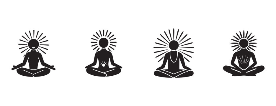 people meditating in lotus position with sun behind head  peaceful yoga poses  various hand positions  serene spiritual practice