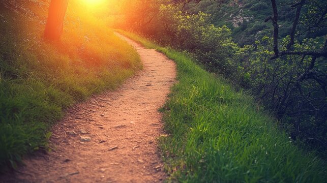 Inviting dirt path bathed in golden hour sunlight winding through lush green grassy hills beckoning exploration