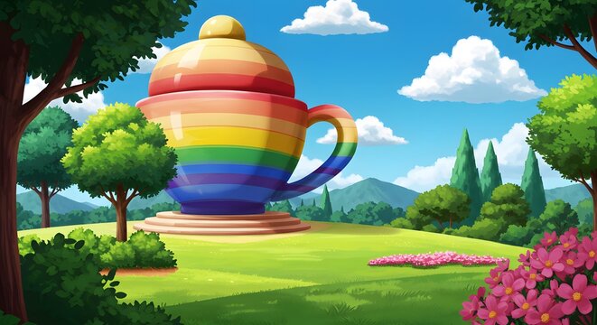 Colorful Rainbow Teacup Sculpture in Lush Garden with Bright Blue Sky