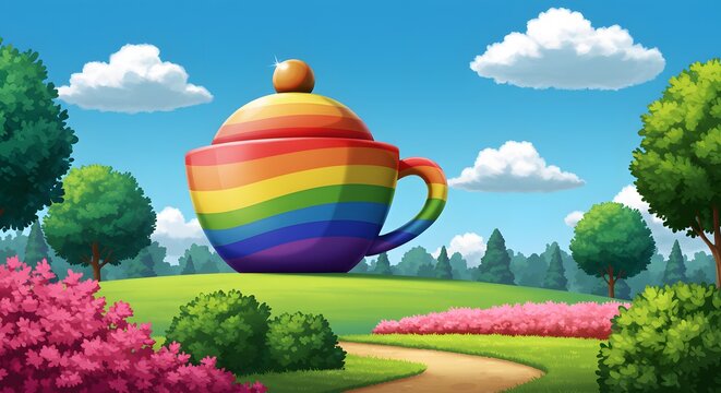Colorful Rainbow Teapot Sitting in Lush Green Park with Bright Blue Sky and Fluffy Clouds