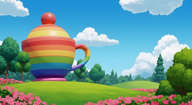 Colorful Rainbow Teacup on Green Hill with Trees and Bright Sky