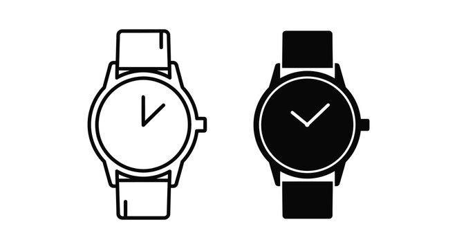 Two wristwatches with hands pointing to ten o clock black and white silhouette