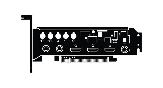 Computer graphics card with multiple ports and connectors black silhouette expansion