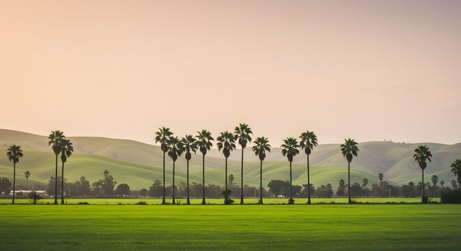 Palm Trees Line a Green Field with Rolling Hills in the Background Under Soft Pink Sky