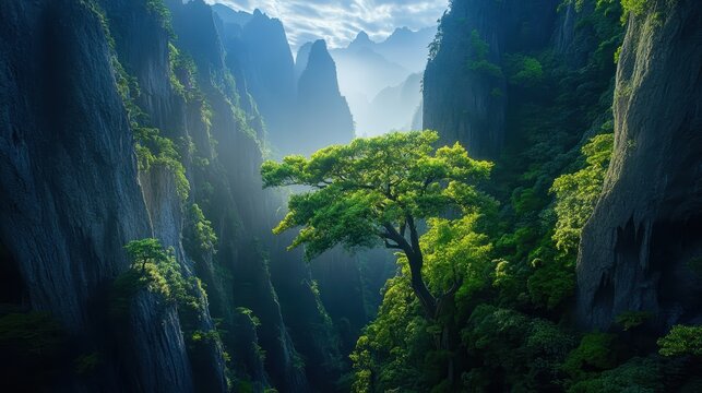 Majestic ancient tree bathed in sunlight stands as a focal point in a dramatic green mountain valley landscape