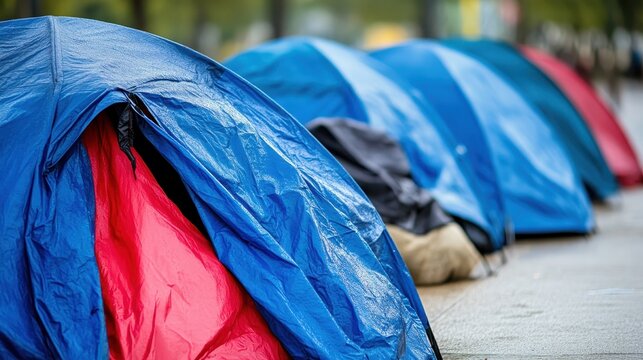 Makeshift shelters in an urban lot, representing poverty and homelessness.