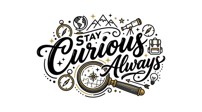 Stay Curious Always Hand Lettering Quote with Adventure Icons.