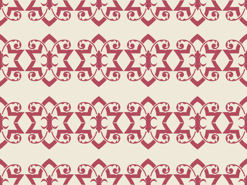 luxury vintage damask seamless pattern in burgundy red on cream beige background, classic baroque horizontal border ornament with fleur de lis vector illustration for wallpaper, fabric.