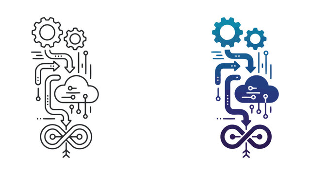 Cloud computing infrastructure flow and continuous integration diagram vector illustration showing gear mechanisms and infinite loop symbols for devops and software development workflows