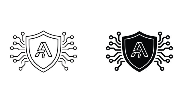 Abstract digital security shield logo featuring integrated circuit patterns and letter A symbol in outline and solid styles for corporate identity and information technology branding concepts
