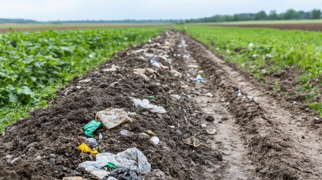 Polluted agricultural field with microplastics and visible debris along a dirt trench under a clear sky