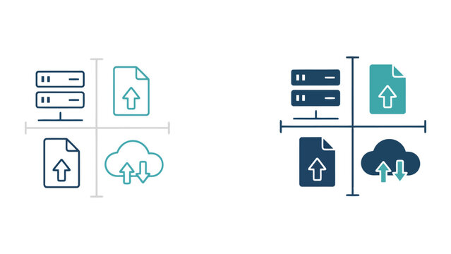 Cloud computing server data transfer icons showing file upload and download processes with network infrastructure symbols in modern flat vector style for tech and IT service business solutions