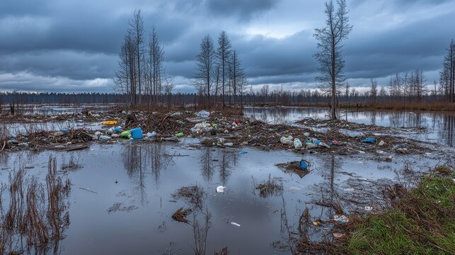 Piles of garbage and plastic waste submerged in flooded wetlands after a severe storm under a cloudy sky