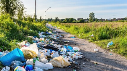 Obraz premium Rural roadside littered with overflowing trash and plastic waste under a clear sky, highlighting environmental pollution.