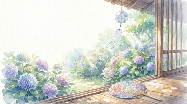 Watercolor Japanese Summer Engawa with Hydrangea and Wind Chime Illustration Background