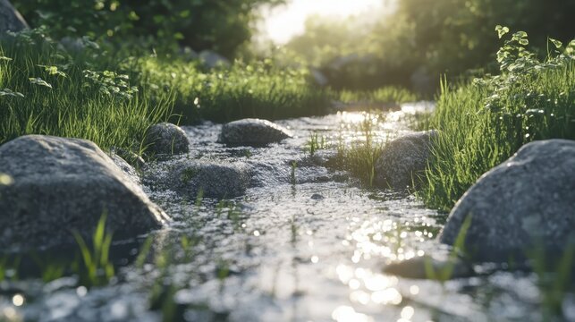 Gentle stream flows over mossy rocks and lush greenery under dappled sunlight