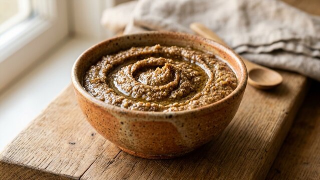 Traditional Middle Eastern hummus dip with olive oil in ceramic bowl on rustic wood tabletop