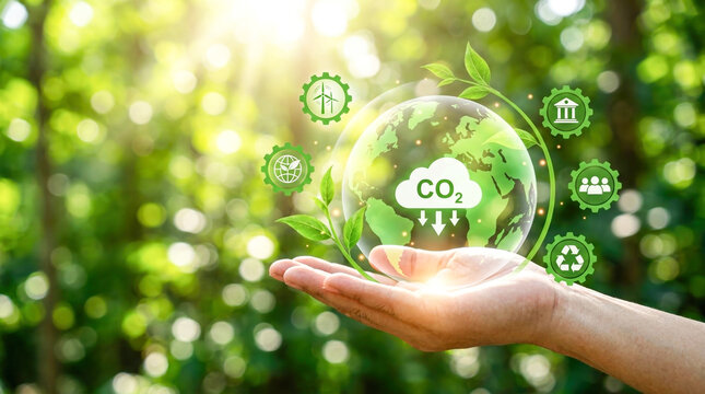 Hand holding glowing earth globe with co2 emission reduction icons