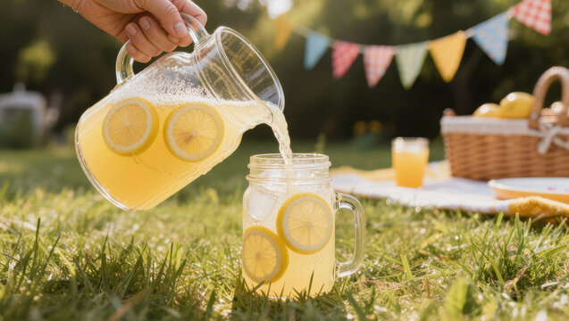 Lemon drink pouring into glass jar in outdoor picnic scene with grass and bunting