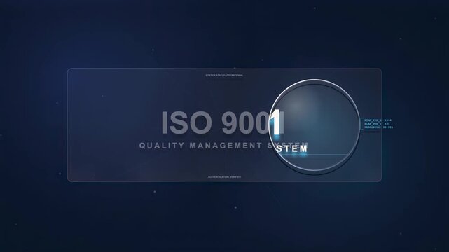 Digital technology magnifying glass scanning ISO 9001 quality management system text. Corporate compliance verification interface auditing standardized performance across cyberspace loop.