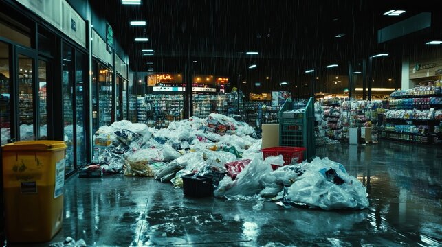 Massive Piles of Unsold Promotional Items Overflowing in a Dark Retail Space Symbolizing Consumerism's Wasteful Excess