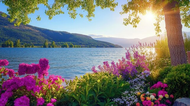 Serene lakeside landscape framed by vibrant flowering plants and distant mountains under bright sunlight