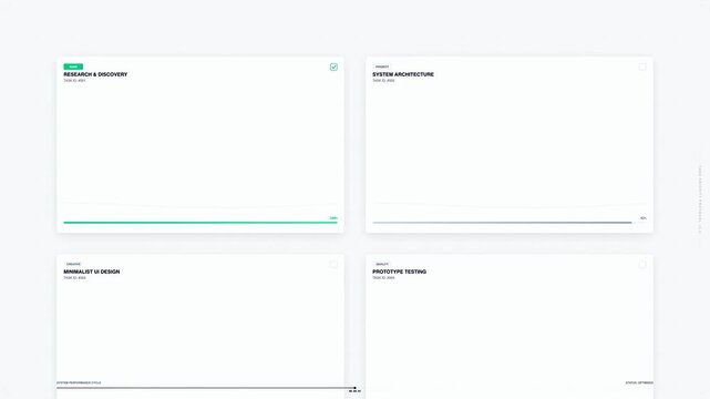 Project management interface dashboard track software development workflow progress completion research discovery system architecture minimalist design prototype testing automation task tracker