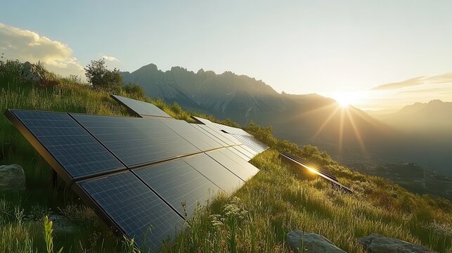 Solar energy panels installed on a lush green hillside under bright morning sunlight with majestic mountains in the background.