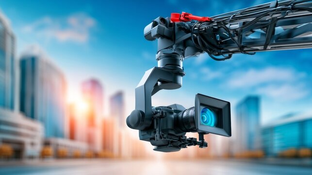 Crane Arm Camera in Cityscape with Vivid Sky and Bright Sunlight
