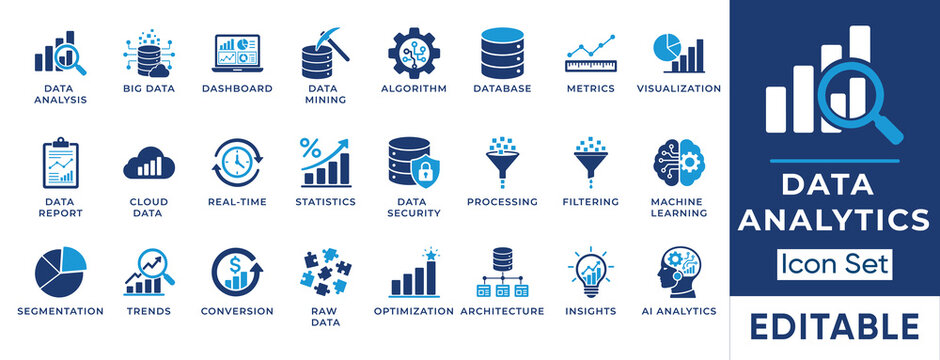 Data analytics and business intelligence solid icon set. Includes symbols for Machine Learning, Data Visualization, and Algorithm. Vector icons for UI design, web dashboard, and presentations.