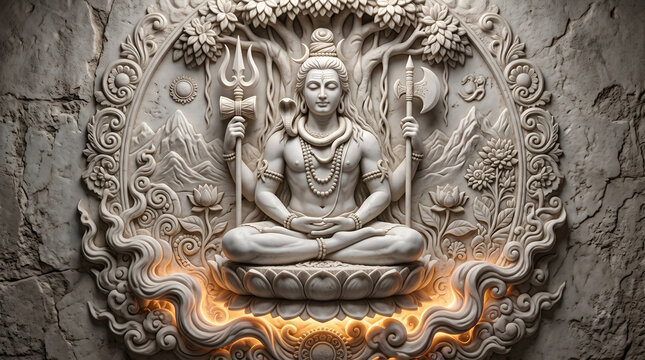 Intricate stone carving of Lord Shiva in deep meditation, traditional Hindu deity bas-relief sculpture on textured wall background.
