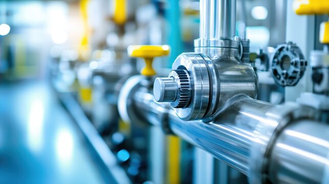 Sophisticated industrial pipeline system with advanced machinery and vibrant controls in a modern factory setting