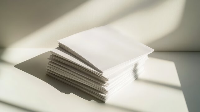 Stack of financial documents with clean lines and soft natural light casting shadows on a white surface.