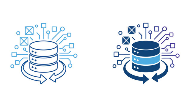 Data server synchronization icon with rotating arrows and circuit pathways as conceptual vector graphic for database backup and cloud information transfer technology isolated on white background