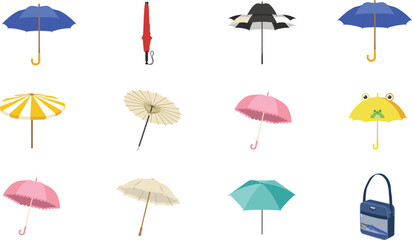 Colorful umbrellas flat vector icons set with parasol rain protection gear and shoulder bag isolated on white background © Ms