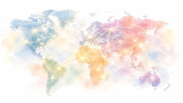 光の線で各国が繋がるグローバルなネットワークを示すカラフルな世界地図の水彩画イラスト