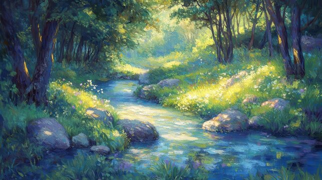Sun-Dappled Mountain Stream Flows Through Lush Green Forest with Gentle Reflections