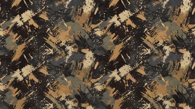 Abstract camouflage pattern featuring bold brown and dark gray brushstrokes