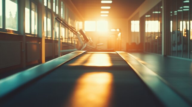 Sunlit treadmill in a gym hallway, capturing the warmth and energy of indoor cardio exercise and focused training.