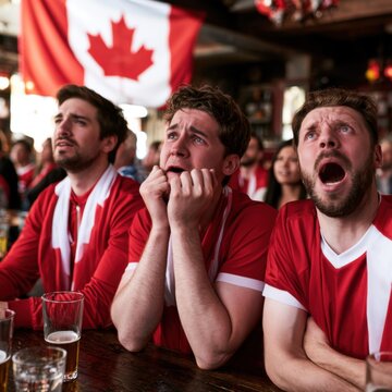 Canadian football fans watching international championship in sports pub, emotional crowd