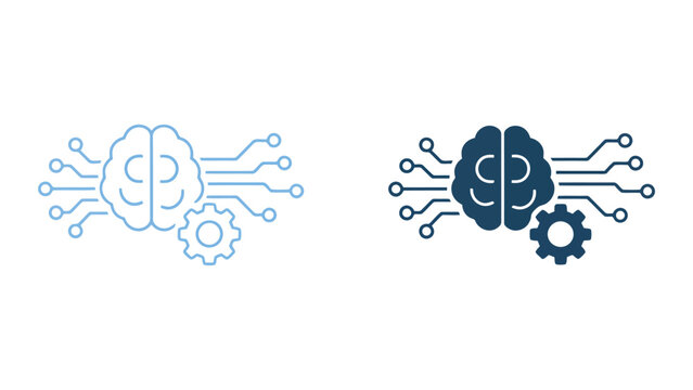 Human brain and mechanical gear integration icon representing cognitive computing and neural network machine learning for advanced artificial intelligence and technological innovation concepts