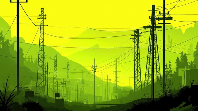 Vast industrial power lines stretch across a green, twilight-lit mountain landscape
