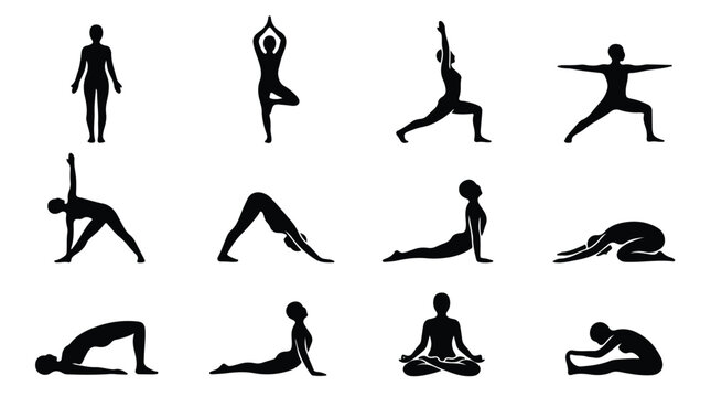 Yoga poses silhouette collection, 12 black female yoga asana icons, minimalist fitness and wellness vector set for meditation and exercise apps