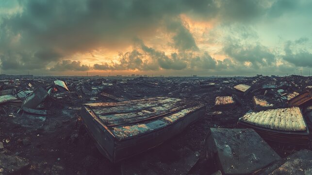 Vast Landfill Filled with Old Mattresses and Broken Appliances Under a Cloudy Sky