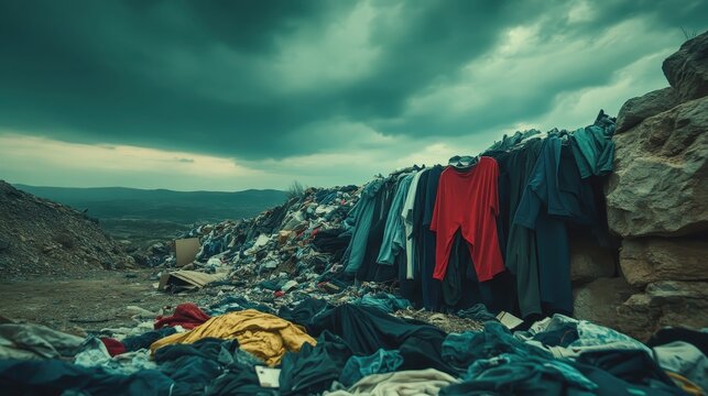 Vast Landfill Overflowing With Discarded Clothing and Furniture Under Ominous Gray Skies
