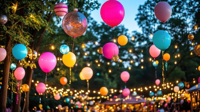 Vibrant Balloons and Festive Lights Creating a Magical Atmosphere at an Outdoor Celebration