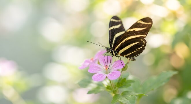 ​Beautiful zebra longwing butterfly on a purple flower with soft abstract background