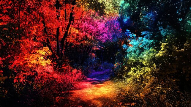 Vibrant Forest Path Bathed in Warm, Rainbow-Colored Light with Scenic Autumn Foliage