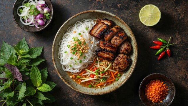 Authentic Vietnamese Bun Cha With Grilled Pork Fresh Herbs And Rice Noodles A Culinary Delight
