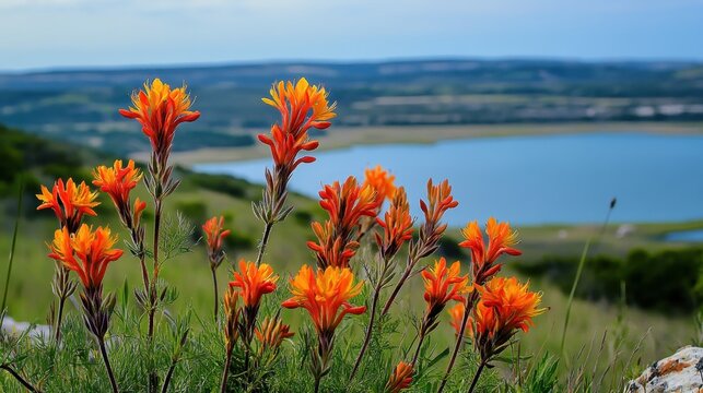 Vibrant orange wildflowers blooming on a sun-drenched hillside overlooking a serene blue lake.